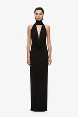 The Cowl Neck Jersey Dress Black by Misha, plunging halter maxi dress with sculptural open back detailing
