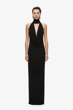 The Cowl Neck Jersey Dress Black by Misha, plunging halter maxi dress with sculptural open back detailing