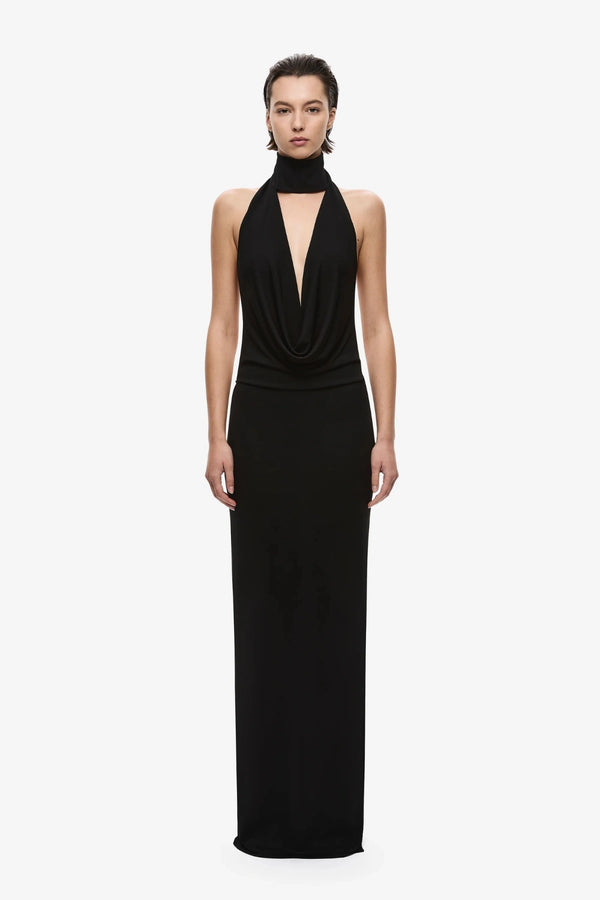 The Cowl Neck Jersey Dress Black by Misha, plunging halter maxi dress with sculptural open back detailing