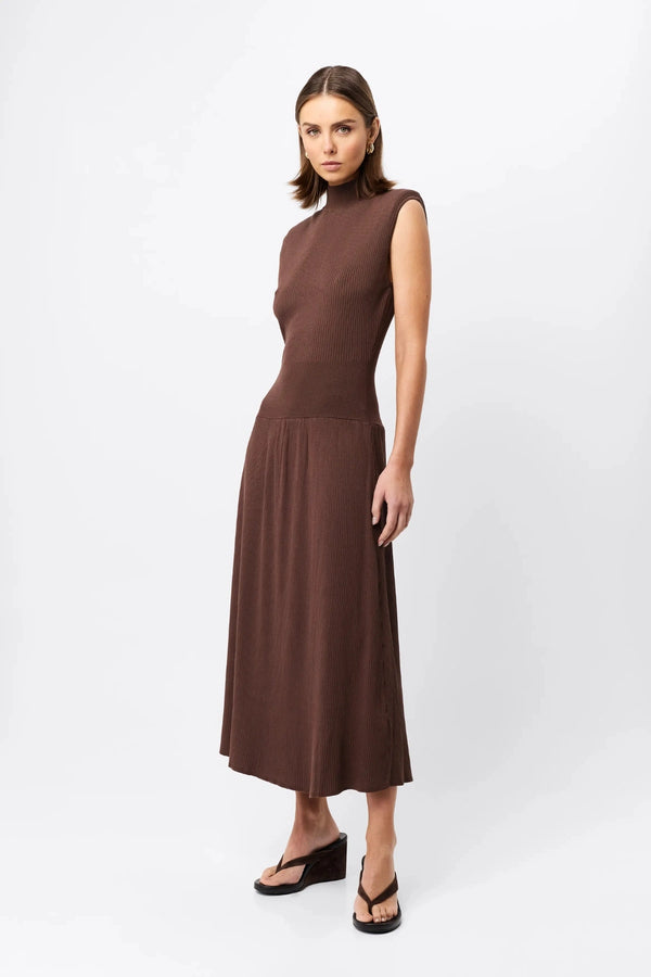 Quiet Force Midi Dress by Mossman in cacao, ribbed knit with turtleneck and flared skirt for sleek, sculpted day-to-night dressing.
