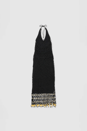 Reis Macrame Maxi Dress Noir by The Wolf Gang – Striking handmade black macrame dress with beaded hem, ideal for festivals or summer soirées.