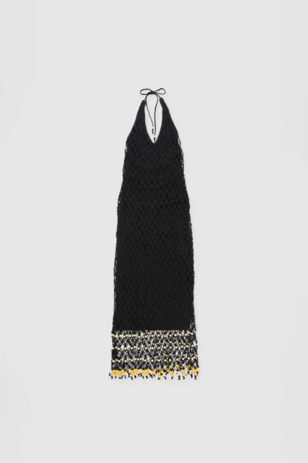 Reis Macrame Maxi Dress Noir by The Wolf Gang – Striking handmade black macrame dress with beaded hem, ideal for festivals or summer soirées.