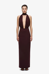 The Capezza Silk Dress Currant by Misha, halter silk midi dress with draped wrap neckline and fitted skirt