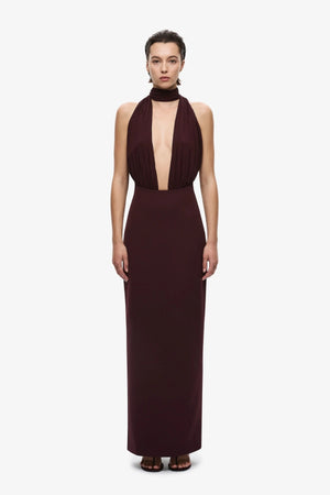 The Capezza Silk Dress Currant by Misha, halter silk midi dress with draped wrap neckline and fitted skirt