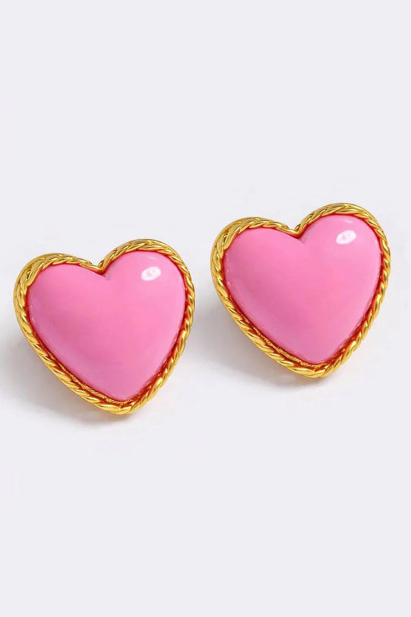 Hot Heart Earrings by Emma Pills, candy pink enamel heart studs with gold-plated finish for a bold, playful everyday statement.