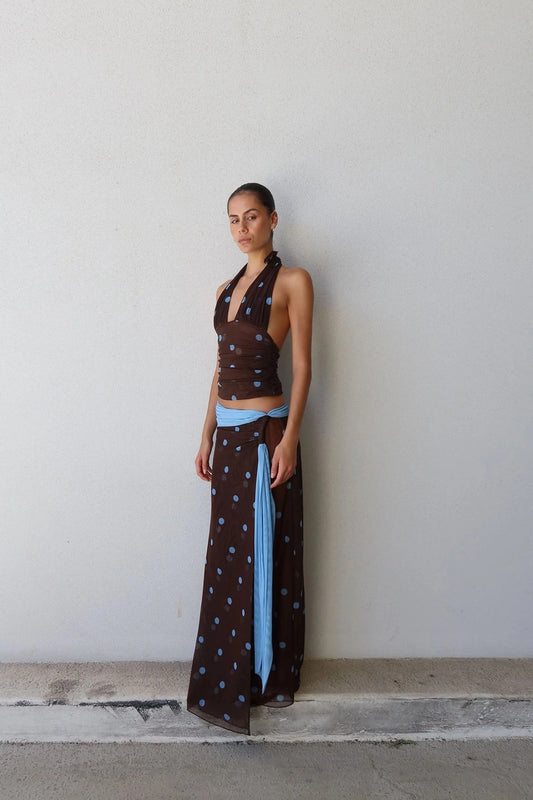 Penelope Top Choc Blue Polka by Benni, plunge halter top with stretch fit, perfect for elevated evening styling
