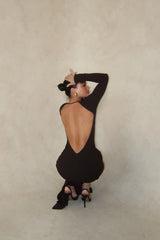 Indie Gown Coffee by Effie Kats – Long-sleeve stretch crepe gown with dramatic open back, designed to flatter with timeless elegance.