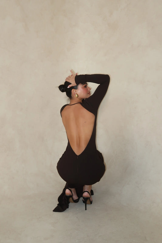Indie Gown Coffee by Effie Kats – Long-sleeve stretch crepe gown with dramatic open back, designed to flatter with timeless elegance.