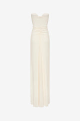 Florence Jersey Dress Ivory by Misha, strapless ruched maxi dress with plunge neckline, perfect for elegant evening occasions