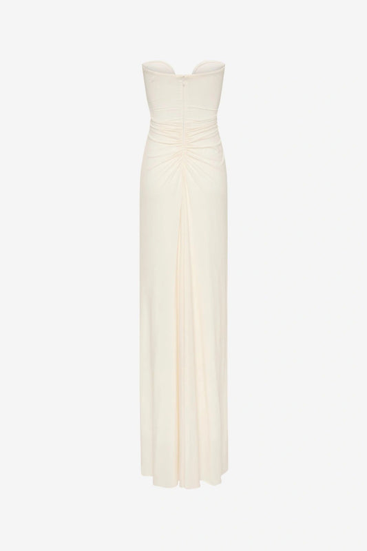 Florence Jersey Dress Ivory by Misha, strapless ruched maxi dress with plunge neckline, perfect for elegant evening occasions