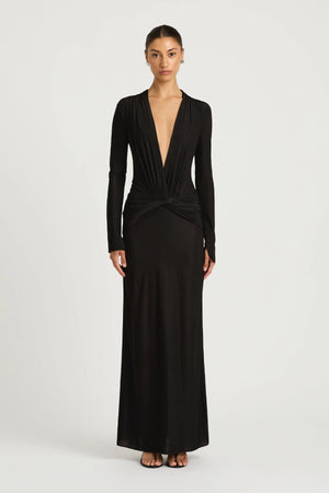 Zuri Maxi Dress Black by Benni, plunge neckline maxi dress with twist detail, perfect for evening or formal styling