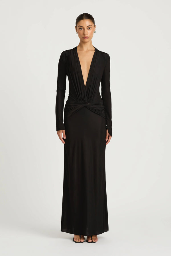 Zuri Maxi Dress Black by Benni, plunge neckline maxi dress with twist detail, perfect for evening or formal styling