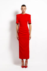 Evie Midi Cherry Red by Effie Kats, ruched stretch crepe midi dress, perfect for elegant evening styling