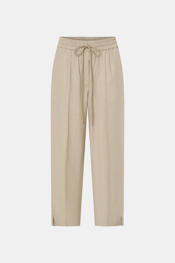 Vector Crop Pant in Oat Melange by Camilla and Marc, cropped suiting pants with elastic waistband, pintuck detail, and slanted pockets.