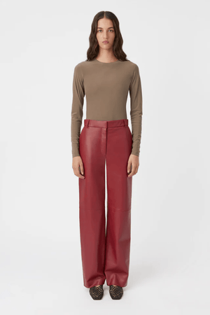 Selita Leather Pant Garnet by Camilla and Marc, luxe lamb leather with seam detail and high waist, perfect for viral nights or elevated daytime looks.