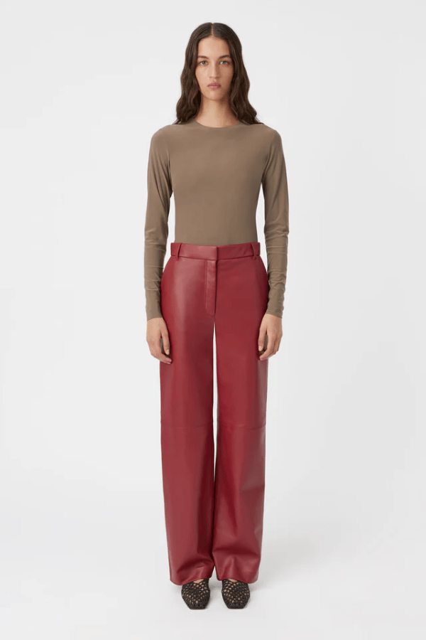 Selita Leather Pant Garnet by Camilla and Marc, luxe lamb leather with seam detail and high waist, perfect for viral nights or elevated daytime looks.