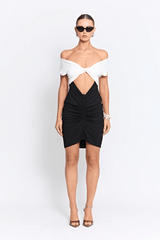 Mini Ramos Dress Two Tone by Pfeiffer – A soft, stretchy, ruched mini with double ties and a flattering fit, perfect for date nights or rooftop drinks.