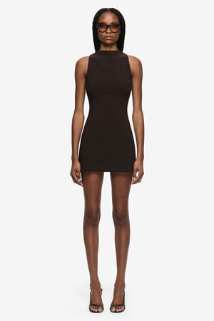 Gemma Racer Mini Dress Espresso by Bec + Bridge, fitted racer neck mini dress, perfect for cocktail events