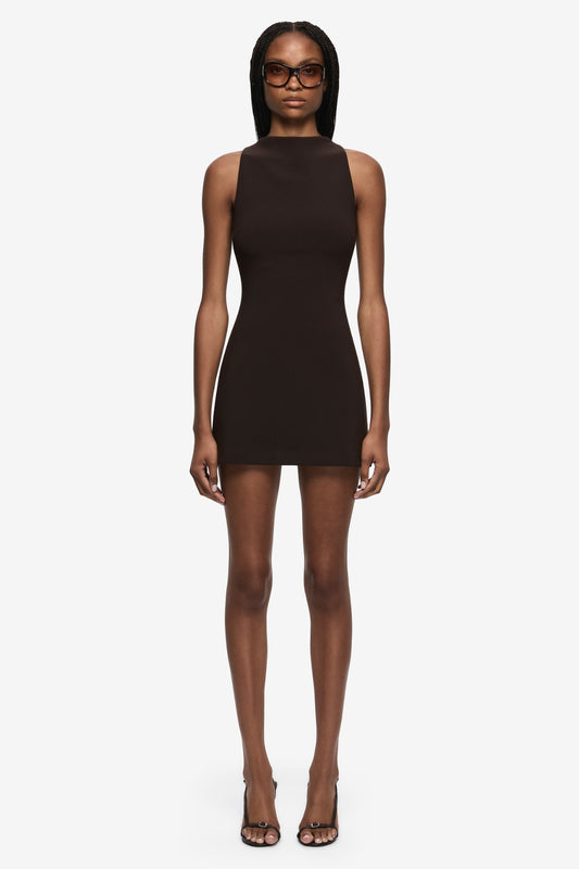 Gemma Racer Mini Dress Espresso by Bec + Bridge, fitted racer neck mini dress, perfect for cocktail events