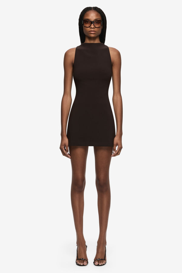 Gemma Racer Mini Dress Espresso by Bec + Bridge, fitted racer neck mini dress, perfect for cocktail events