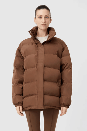 Alcove Puffer Jacket Chestnut by Camilla and Marc, oversized long-line puffer with recycled padding and high collar for warm, polished winter style.