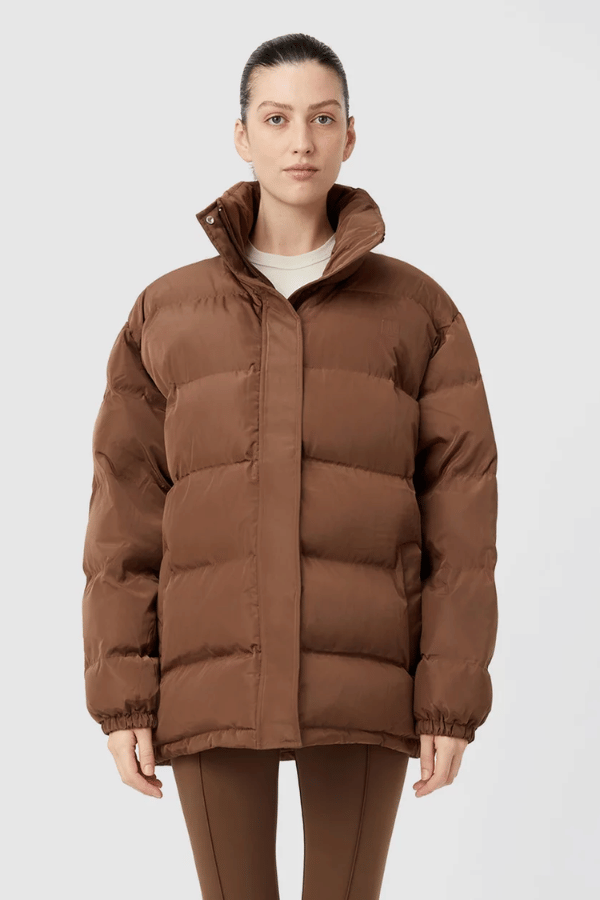 Alcove Puffer Jacket Chestnut by Camilla and Marc, oversized long-line puffer with recycled padding and high collar for warm, polished winter style.