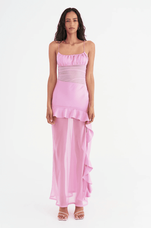 Delilah Maxi Dress Bubblegum by Benni – Occasion-ready satin, mesh & chiffon mix with feminine gathers and ruffle details, perfect for elegant celebrations.