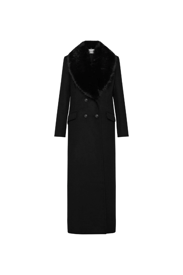 Biera Coat Black by Rebecca Vallance – A boxy, double-breasted wool coat with flap pockets, embossed dome buttons, and removable faux fur trim. Fully lined for comfort.