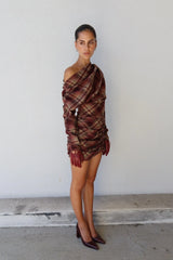 Hera Mini Dress Plum Check by Benni, one shoulder tartan mini dress, perfect for elevated evening styling