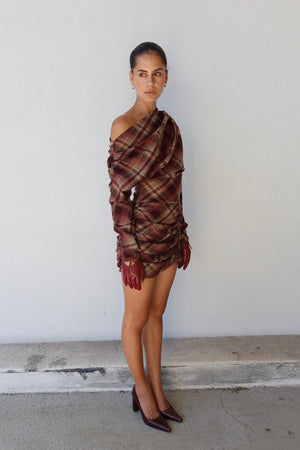 Hera Mini Dress Plum Check by Benni, one shoulder tartan mini dress, perfect for elevated evening styling