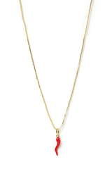 Cornicello Red Charm Necklace by Arms Of Eve – a gold chain with red horn charm. Perfect for everyday styling with a playful touch.