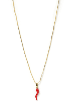 Cornicello Red Charm Necklace by Arms Of Eve – a gold chain with red horn charm. Perfect for everyday styling with a playful touch.