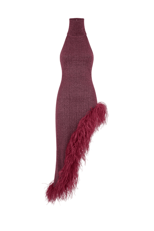 Lumiere Plumage Turtleneck Dress Aubergine by Oséree – A dazzling mini with ostrich feather trim and metallic sheen, perfect for show-stopping events or gala nights.