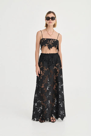 Margaux Skirt by Solaqua Studio, noir crochet floral lace maxi skirt with elastic waist and elegant fluid silhouette.