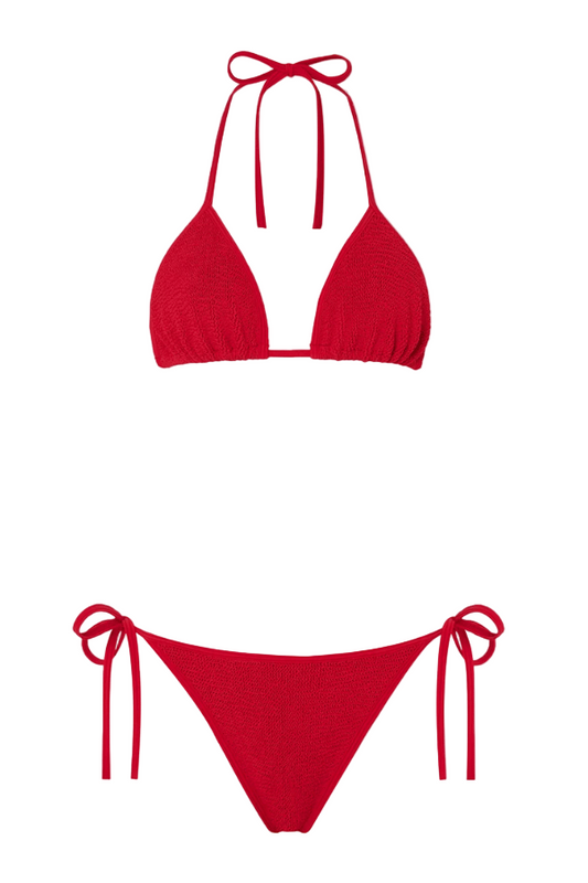 Gina Bikini Red by Hunza G – Signature triangle bikini with light support and side ties, crafted in sculpting one-size crinkle fabric