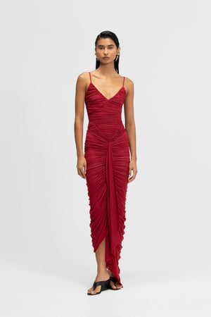 Mater Long Dress by Maygel Coronel, ruched maxi dress with draped panels, sash detail and internal bodysuit.