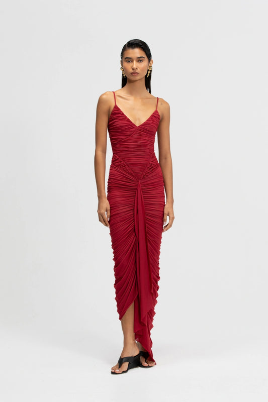 Mater Long Dress by Maygel Coronel, ruched maxi dress with draped panels, sash detail and internal bodysuit.