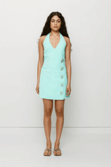 Inka Vest Dress Aqua by The Wolf Gang, a tailored mini with halter neckline and custom hardware. Perfect for bold day-to-night dressing.