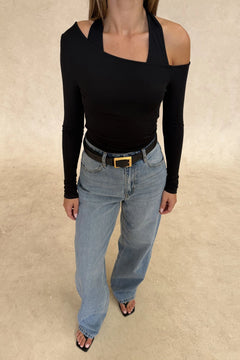 Issy Long Sleeve Top Black by Sneaky Link – Luxuriously soft modal-spandex with an off-shoulder neckline and built-in halter for support. Delicate fabric; handle gently. Cold hand wash.