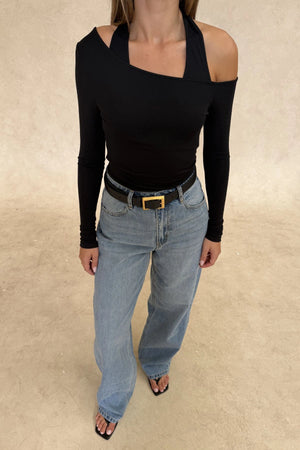 Issy Long Sleeve Top Black by Sneaky Link – Luxuriously soft modal-spandex with an off-shoulder neckline and built-in halter for support. Delicate fabric; handle gently. Cold hand wash.