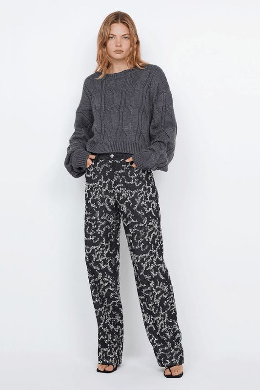 Kinsley Sequin Pant Charcoal Silver by Bec + Bridge, dazzling sequin denim with mid-waist fit, straight leg, and rolled hem, perfect for viral party looks.