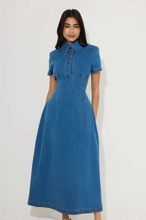 Cotton Mix Denim Collared Midi Dress Light Blue by Odd Muse, structured denim midi dress, perfect for chic day to evening styling