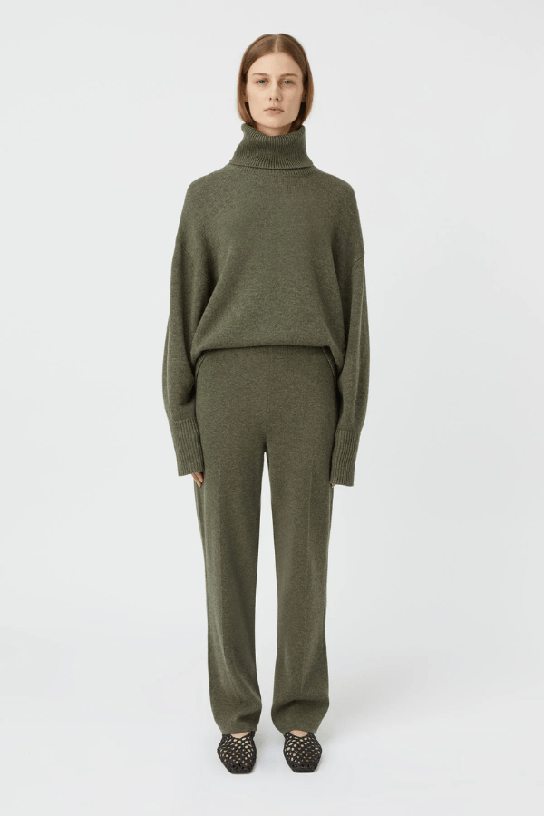 Pascal Cashmere Blend Pant Army Green by Camilla and Marc, luxe high-waisted knit with front creases and side splits, perfect for chic lounging or travel days.