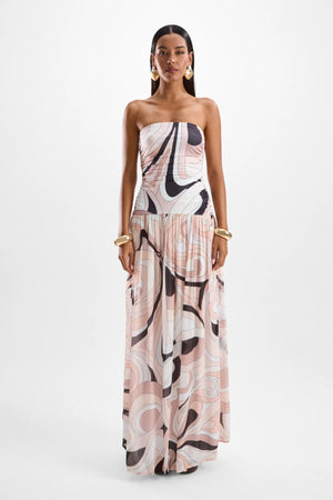 Mode Maxi Dress by Cin Cin, a drop-waist beige print maxi with side ruching and full lining. Perfect for evening elegance and coastal nights.