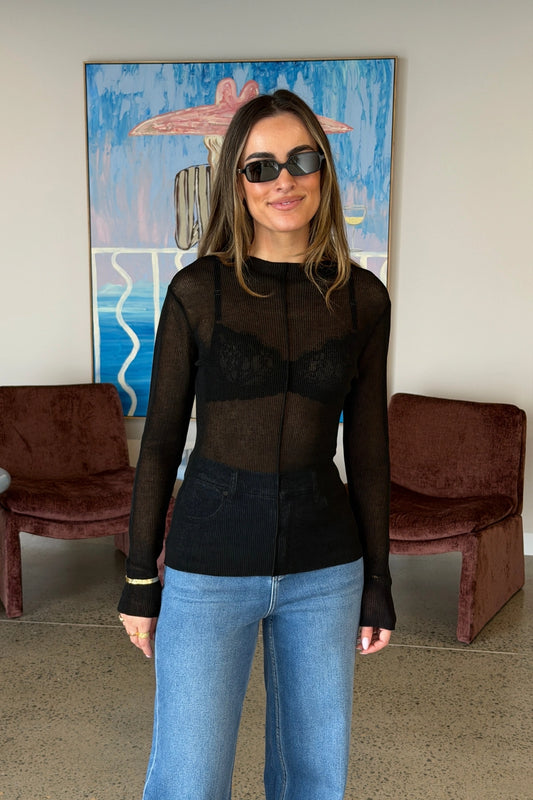 Fine Knit Sheer Long Sleeve Top Black by Sneaky Link, lightweight sheer knit with exposed centre stitch detail.