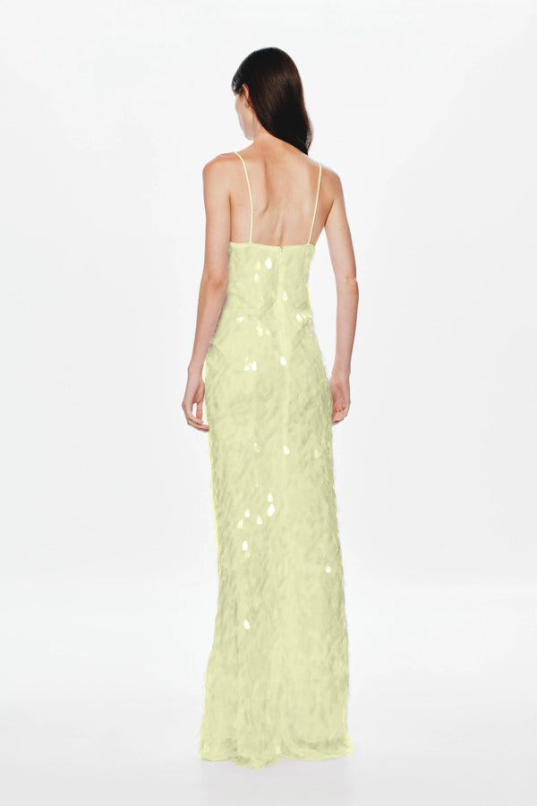 Sapphire Sequin Maxi Dress by Misha, a lemon gown with plunging neckline and shimmering sequins perfect for standout evening moments.