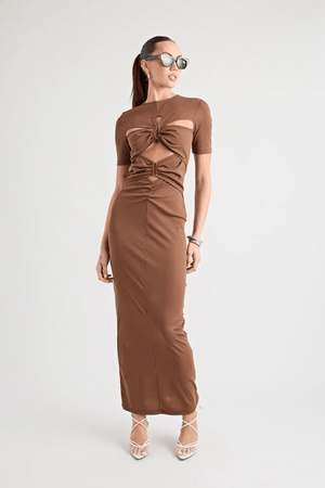Florence Dress Chocolate by Pfeiffer – A chic fitted maxi with cut-out hardware accents in buttery soft fabric, perfect for stylish, ethical day-to-night looks.