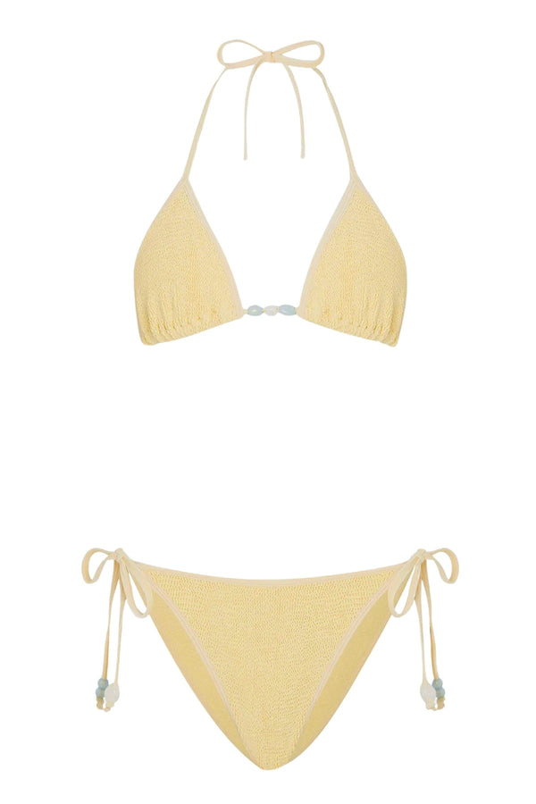 Gina Beaded Bikini Butter by Hunza G - triangle bikini with adjustable ties and bead detail, designed for a customisable sculpted fit.