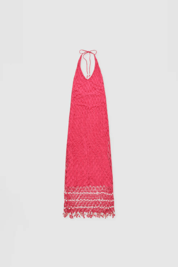 Reis Macrame Maxi Dress Candy by The Wolf Gang – Handmade cotton macrame with bold beaded hem, perfect for festivals and beachside glamour.