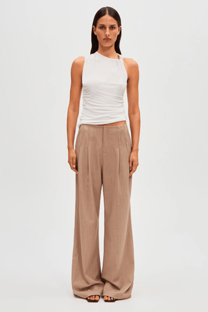 Simone Pant taupe by Misha, wide-leg pants with trendy frayed details and front pleats, perfect for casual or formal wear with a relaxed fit.
